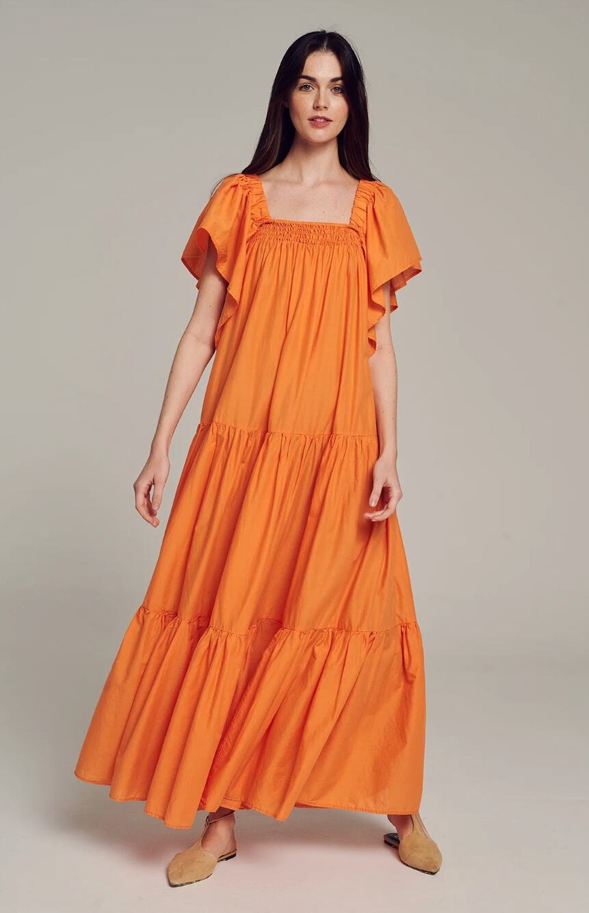 Devotion Twins Agistri Maxi Dress Orange Cotton Tiered Smocked Flutter Sleeve S